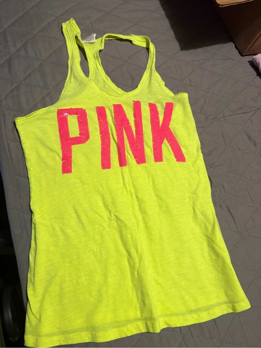 PINK Victoria's Secret Neon Yellow Racerback Tank with Hot Pink Sequin Logo